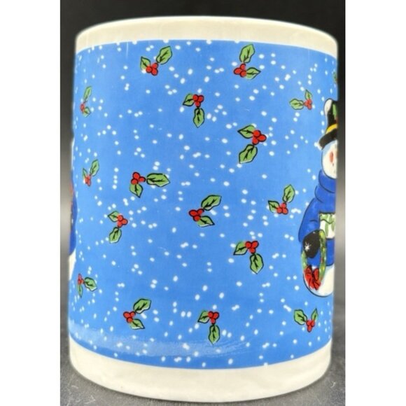 Vtg Christmas Holiday Snowman Coffee Tea Cup Mug Holly Blue Gift Lindsey Jordan - Picture 5 of 7